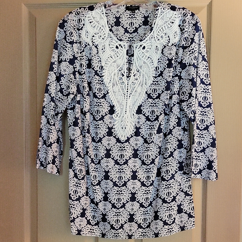 Talbots Blue and White Patterned Top, 100% Cotton